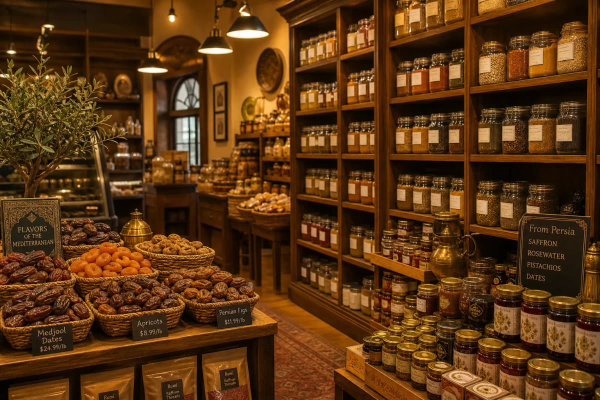Inside the Atlas store — shelves of spices, dried fruits and preserves